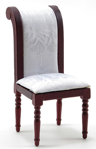 Dollhouse Miniature Side Chair, Mahogany with White Fabric